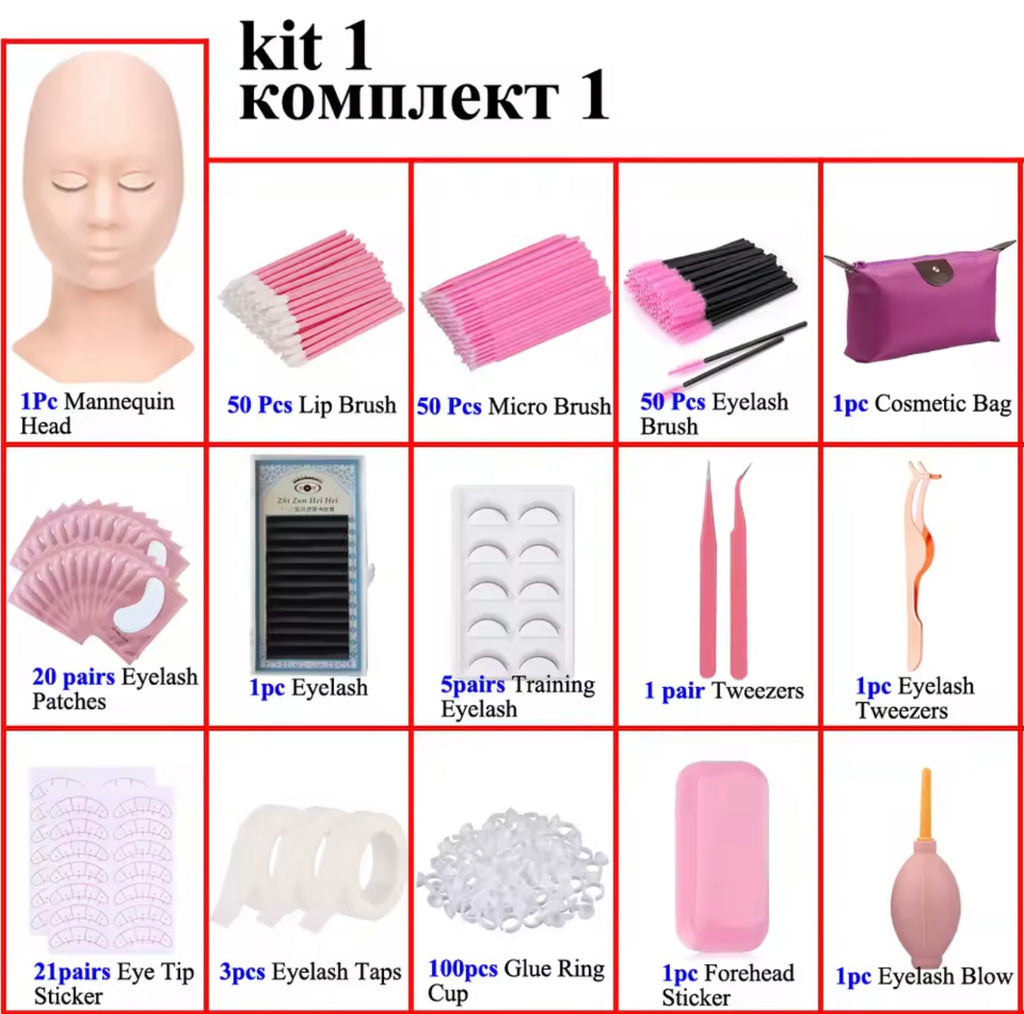 Kit d'extension de cils pour débutants, brosse à cils, pincettes, colle, anneau, coussinet pour les yeux, fournitures, accessoires